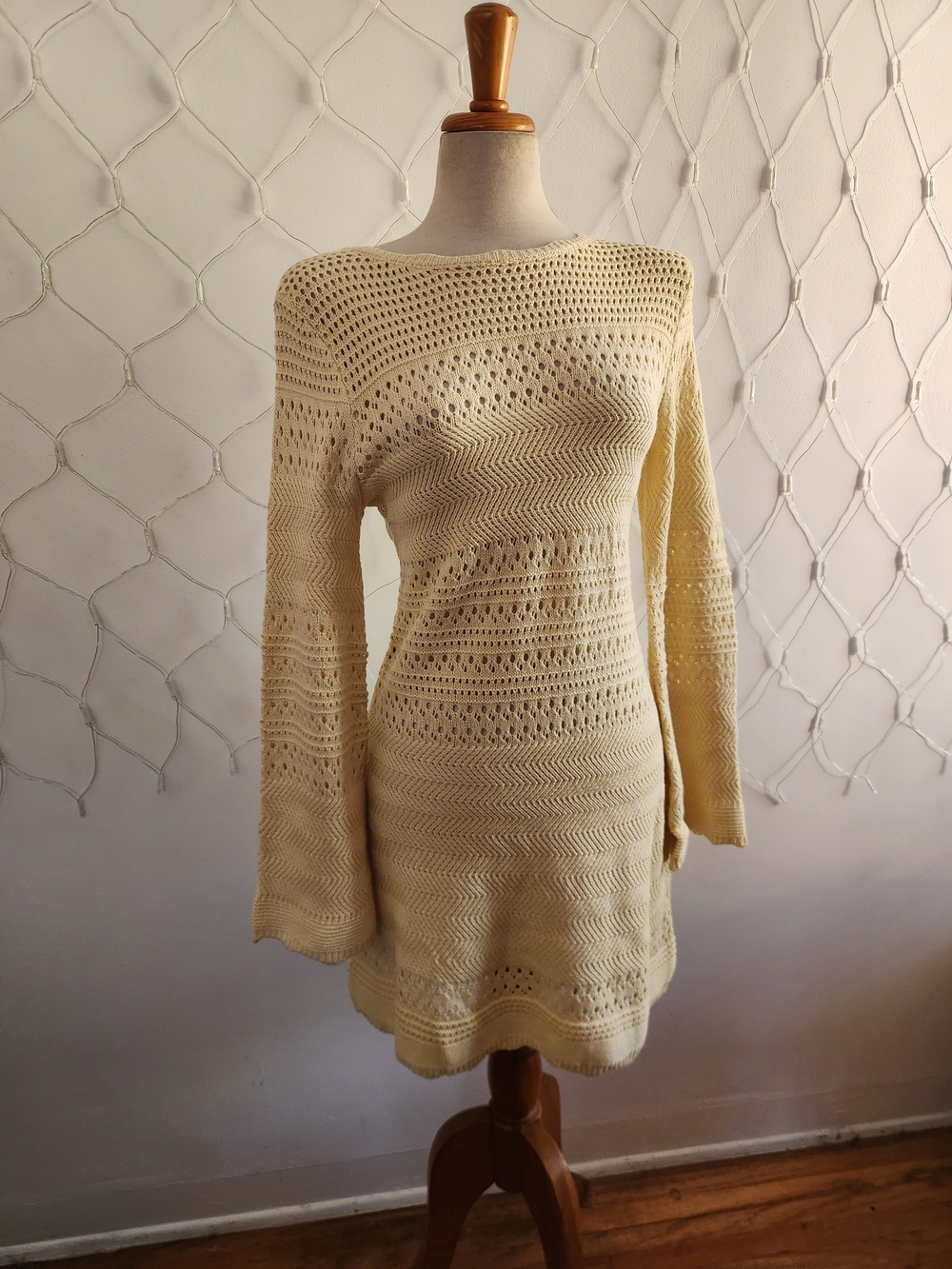 RIHOAS Butter Yellow Crochet Knit Long Sleeve Tunic Sweater • Tagged Size Small